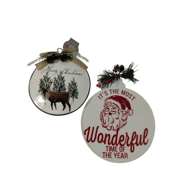 Holiday Time Christmas Decorations 2 Pack Round Merry Christmas Santa Claus New - Picture 1 of 5